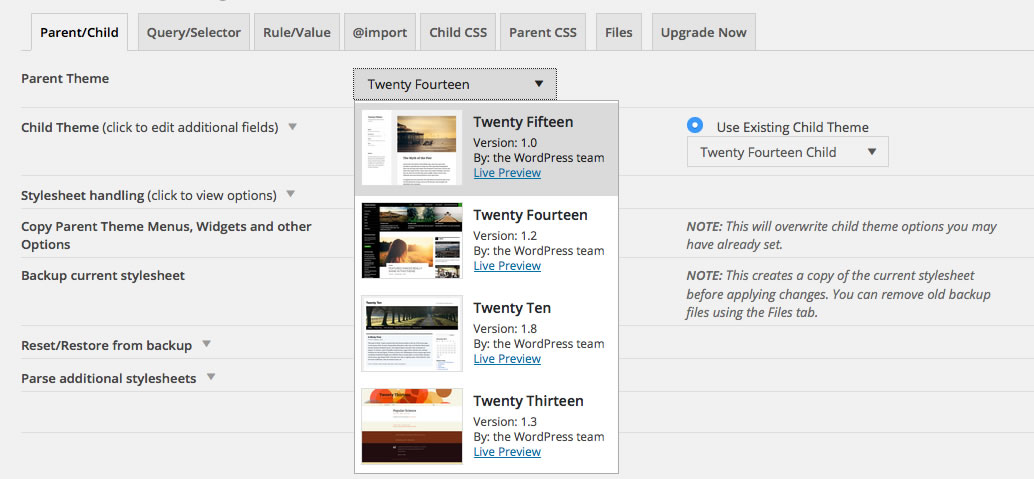 Child Theme Configurator Parent/Child tab screenshot showing theme menu