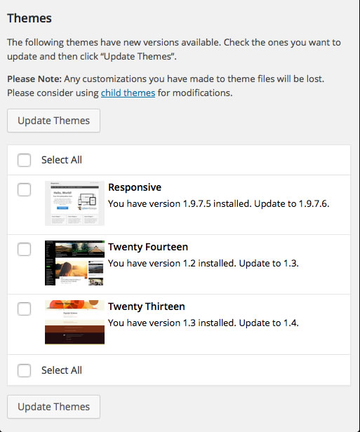 WordPress panel showing themes with updates available.